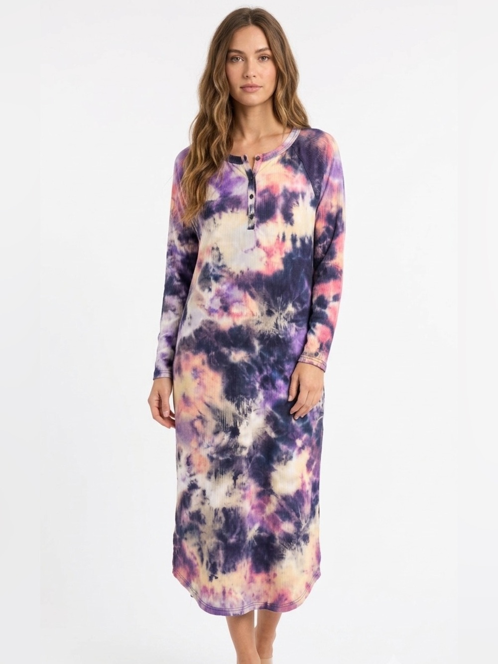 NWT Umgee Tie-Dye Long Sleeve Henley Ribbed Dress Size Medium